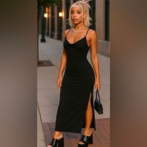 E. L. H. Studio Black Sleeveless Back Crossing Straps High Slits Maxi Dress
